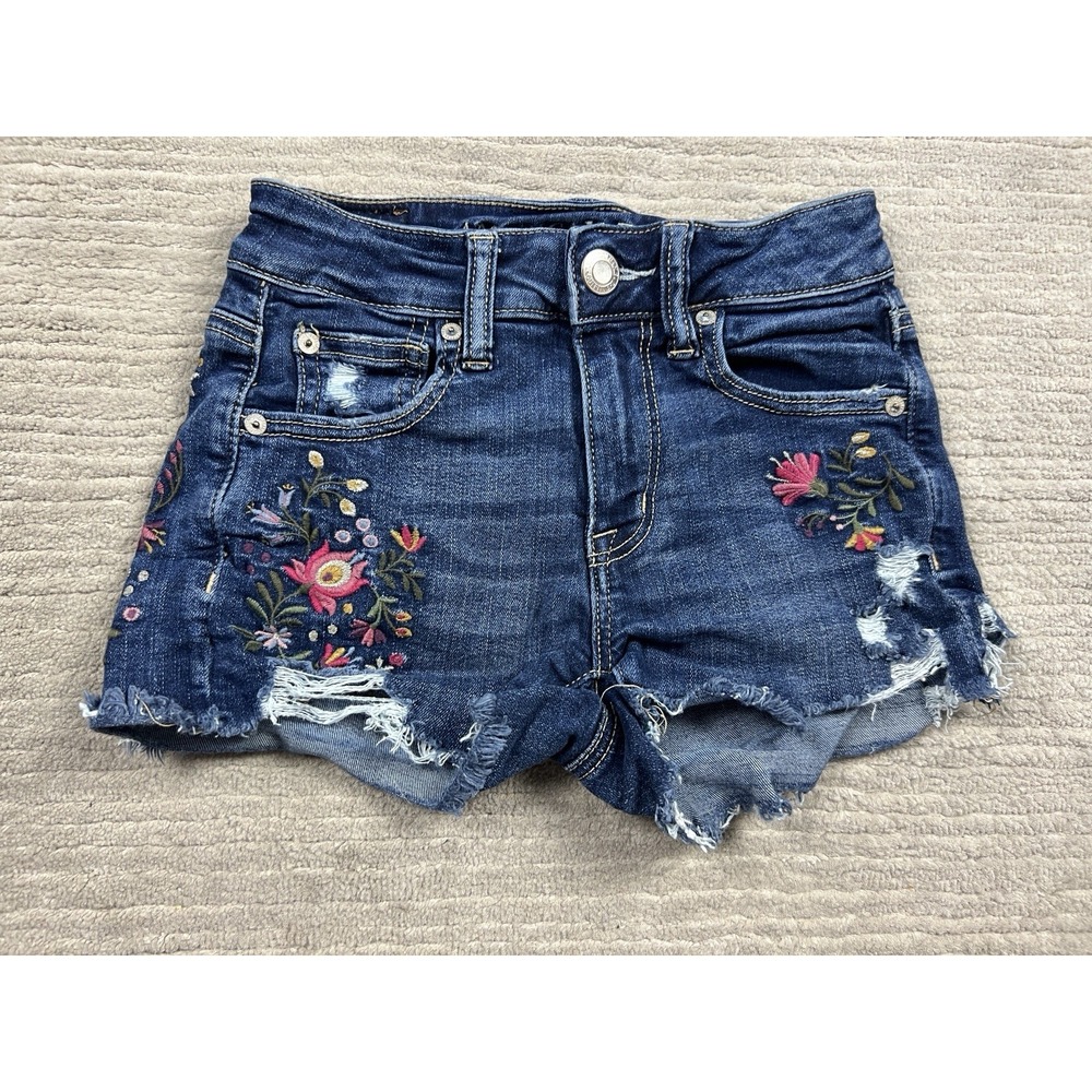 American Eagle Shorts 00 Blue Dark Wash Cut‎ Off Floral Embroidered Hi Rise